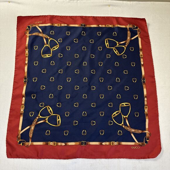 Vtg GUCCI Horsebit Equestrian Print Silk Twill Scarf 26"x27" Preppy Red Blue - Picture 1 of 13